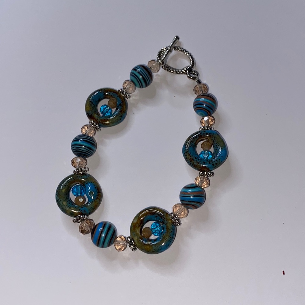 Blue Glass Bead Bracelet with Bronze Accents